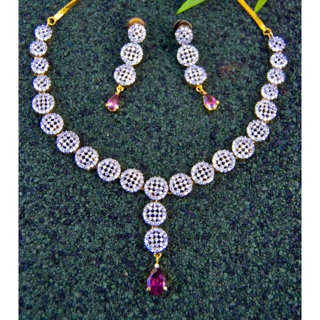 American Diamond Necklace Set with Purple (Rodo) Drop